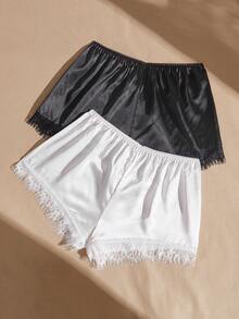 Lullawish Bộ 2 quần short cạp thấp vải satin phối ren tương phản phong cách Bohemian - Nhiều màu - Xem 2
