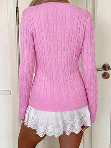 K-Vae Women's Autumn Casual Cute Embroidered Detail Cardigan Back-To-School School Pink - Pink - View 2