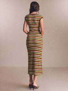 Poéselle Women's Striped Round Neck Cap Sleeve Fitted Elegant Long Dress - Multicolor - View 2