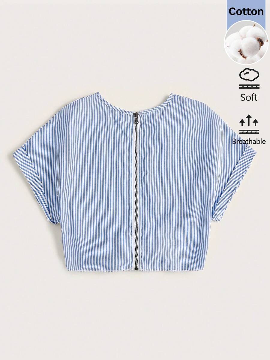 SHEIN LUNE 女款休閒海濱熱帶風情時尚夏季度假通勤沙灘基本款外出拉鍊綁帶短袖藍白條紋襯衫 - 藍白色 - 查看 1