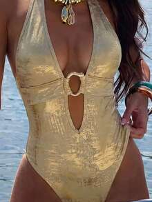 Bonvoyette 女款夏季海灘度假掛脖綁帶深V領金屬裝飾性感一件式泳衣 - 金色 - 查看 5