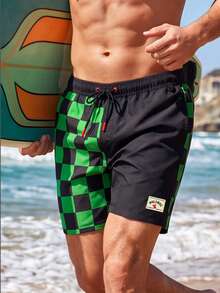 Manfinity KASUA Men's Checkered Print Drawstring Waist Beach Shorts - Green - View 3