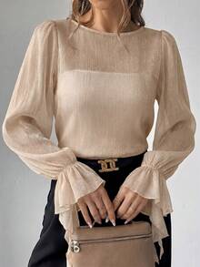 Firerie Women  Flounced Long Sleeve Sheer Blouse - Apricot - View 5