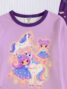 2件/1套 女童幼童春夏季夢幻童話獨角獸與小天使印花 UV光發光針織面料舒適柔軟貼身圓領長袖長褲居家服 - 彩色 - 查看 5