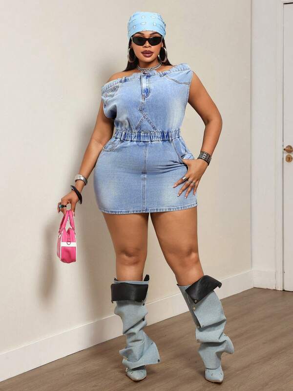 Slaydiva Đầm denim nữ size lớn vai lệch nhún bèo phong cách thường ngày dự tiệc