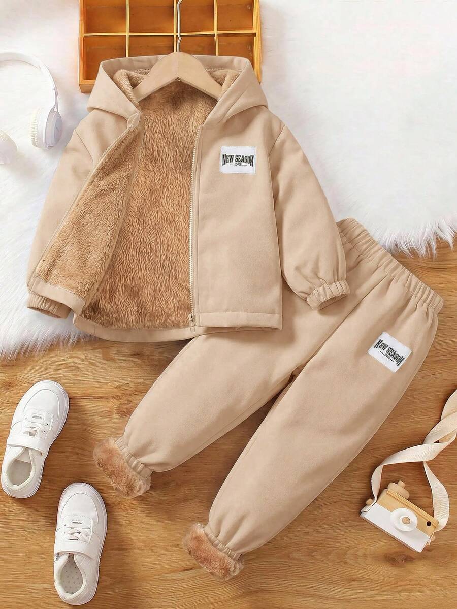 SHEIN 2件組兒童青少年藍色外套與棕色保暖毛絨內搭褲編織套裝,適合通勤、上學、日常休閒、度假旅行、運動,適用冬季與新年出遊 - 卡其色 - 查看 1
