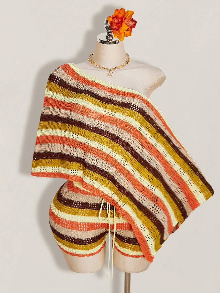 SHEIN ICON Women's Plus Size Burnt Orange Colorblock Asymmetric Shoulder Top And Shorts Casual Elegant Cottage Core Gyaru Daily Knit Set Autumn Beach Dinner - Multicolor - View 1
