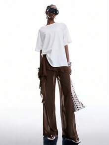 LYSMO Women's Solid Color Contrast Lace 2 In 1 Fashion Long Pants Night Party Vacation Dark Brown Summer Disco Sexy Y2k - Coffee Brown - View 7