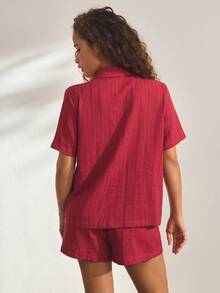 Ocili Set Piyama Lengan Pendek dan Celana Pendek Jacquard Katun Alami Lembut & Ramah Kulit untuk Wanita - Burgundy - View 3