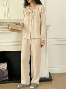 DAZY Soft Blue Cotton Pleated Ruffle Design Loose 2-Piece Pajama Set For Women - Apricot - View 5