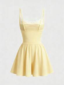 SHEIN PariChic Women's New Lace Patchwork Ruffle Neck Waist-Defining A-Line Spaghetti Strap Short Dress - Yellow - View 2
