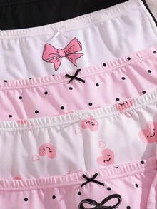 5件組隨機款青少年女孩舒適柔軟全印花愛心與眼睛圖案鬆緊腰鬆身休閒極簡方型丁字褲 秋季 - 彩色 - 查看 4