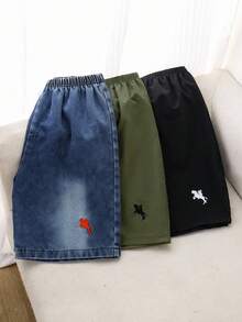 SHEIN Casuvi Kids 3件組青少年男孩買1送2，牛仔短褲搭配2件編織休閒短褲，刺繡小標籤設計，適合日常、上學、戶外、春/夏 - 彩色 - 查看 1