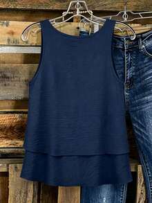Linhara Spring Summer Autumn Round Neck Sleeveless Double Layer Design Yellow Apricot Plus Size Cami Tank Top - Royal Blue - View 2