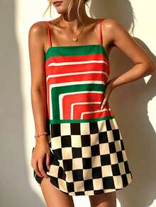 Vaclyn Women's Red And Black Checkerboard Pattern Casual 2016 European Camisole Dress Summer Beach Vacation - Multicolor - View 5
