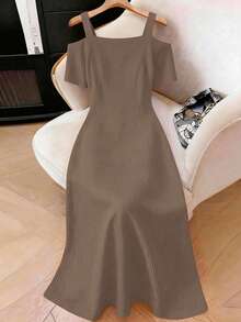 Elenzga Vestido de talla grande para mujer con hombros descubiertos, diseño acanalado y abertura superpuesta - Caqui - Ver 2