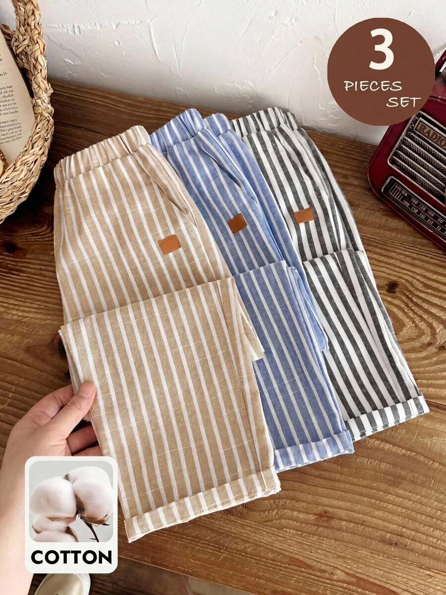 LMoss Kids 3pcs/Set Young Boy Vacation Style Striped Pocket Straight Leg Pants Set - Multicolor - View 1