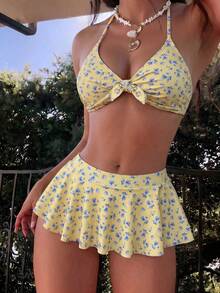 SHEIN Swim 黃色碎花掛脖綁帶比基尼，附荷葉邊裙褲下裝，2件式泳衣，適合泳池派對、海灘、夏季熱帶可愛風 - 彩色 - 查看 4