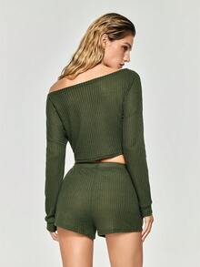 SHAPORA Solid Color Cropped Top And Shorts Casual Outfit Set, Winter Clothes - Dark Green - View 2