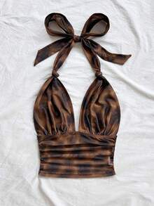 Soleia (No Chest Padding)Plus Size Women's Vacation Knit Mesh Vintage Brown Leopard Print Halter V-Neck Tie Bow Ruched Romantic Tank Top, - Multicolor - View 5