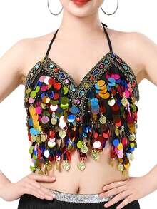 1PC Colorful Sequin Wrapped Belly Dance Costume, A Hanging Coin Stage Performance Dance Costume With Sequin Tassel Top - Multicolor - View 2