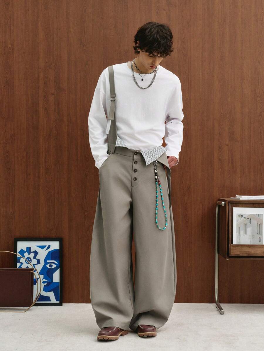 TOKVUE Men's Solid Color Button Design Wide Leg Casual Overalls - Grey - View 1