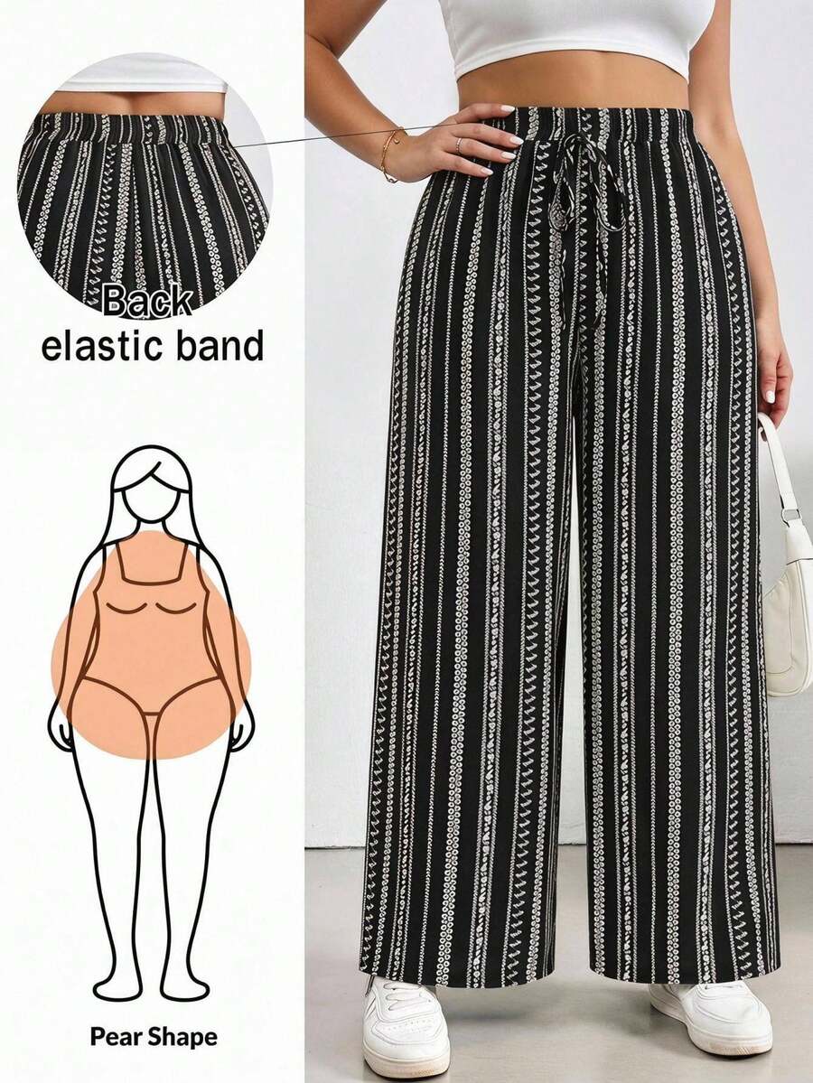 SHEIN Essnce 休閒度假復古紋理條紋布料大尺碼女款寬鬆黑色長褲，商務休閒女裝，時尚通勤穿搭