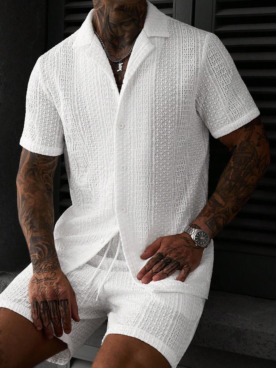 SLATEMANN Men's White Jacquard Short Sleeve Shirt & Drawstring Shorts Set,Summer Tropical Vacation Fashionable Casual Outfit For Cocktail Party,Daily Office - White - View 1