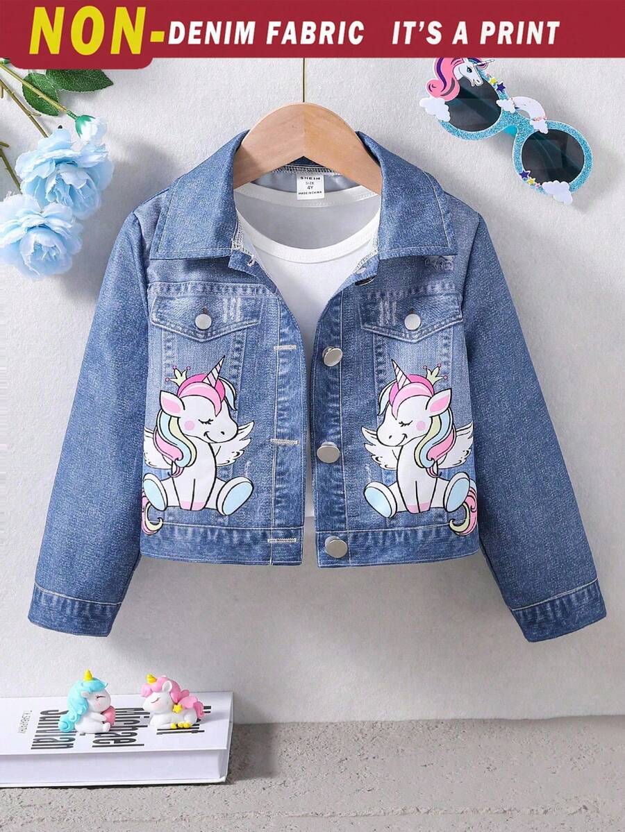 Young Girl' Printed Faux Denim Effect Cute Unicorn Cropped Jacket Autumn Fall