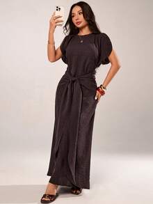 SHEIN PETITE Spring/Summer 2026 Basics Casual Elegant Vacation Cruise Travel Beach Brunch Seaside Commuting Round-Neck, Cap Sleeves, Front Tie-Up Dress, Dark Brown - Brown - View 5