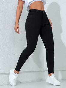 SHEIN ICON 纯色斜口袋紧身黑色牛仔裤 - 黑色 - 查看 4