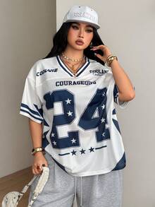 Coolane 男女大尺碼夏秋街頭風復古運動賽事日騎行休閒網眼寬鬆印花藍白V領棒球球衣T恤 - 白色 - 查看 5