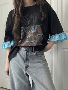 FRIFUL Women's Casual Loose Fit Letter Print Lace Patchwork Short Sleeve T-Shirt, Breathable Cotton Blend, Versatile For Spring/Summer Graphic Tee - Black - View 7