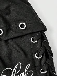 ROMWE Grunge Punk Summer Punk Metal Eyelet Slogan Print Fold-Over Waist Tie-Up Design Tight Super Low-Rise Mini Shorts - Black - View 4