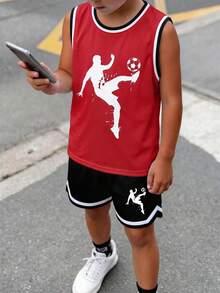 SHEIN 兒童 2 件組青少年男孩休閒寬鬆運動圖案上衣與短褲套裝，適合學校、日常休閒、運動，春夏季穿著 - 紅色 - 查看 3