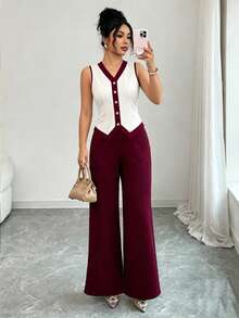 Franclia Women's Contrast Color Professional Suit, New Summer Office Commuter High-End Slim Fit Blazer Suit Set, 2 Pieces Wide Leg Pants Set Vest And Pants Set - Burgundy - View 1
