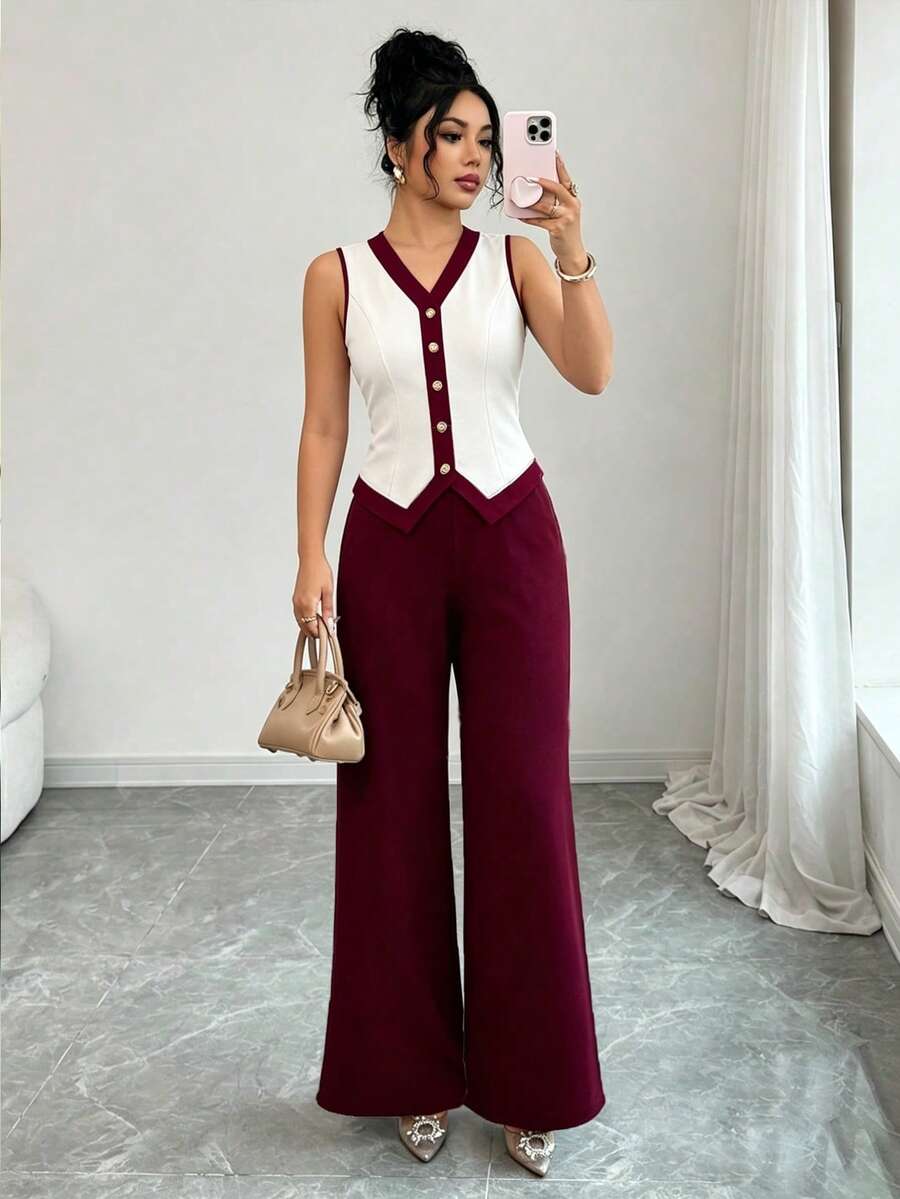 Franclia Women's Contrast Color Professional Suit, New Summer Office Commuter High-End Slim Fit Blazer Suit Set, 2 Pieces Wide Leg Pants Set Vest And Pants Set - Burgundy - View 1