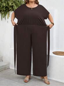 SHEIN CURVE+ 大尺碼女款純色圓領蝙蝠袖休閒寬腿連身褲 - 棕色 - 查看 5