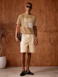 AKNOTIC Business Casual 男士夏季休閒度假刺繡短袖寬鬆版型T恤 - 卡其色 - 查看 4