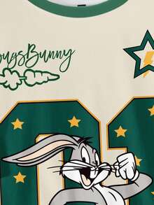 LOONEY TUNES X SHEIN 男士休闲日常通勤时尚街头运动趣味卡通兔子、数字、星星印花宽松短袖T恤，夏季 - 白色 - 查看 4