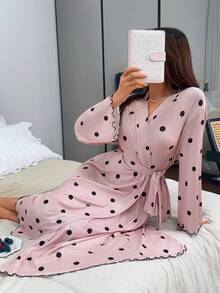 Napfluff 女士腰带波点印花长袖睡袍 - 粉色 - 查看 6