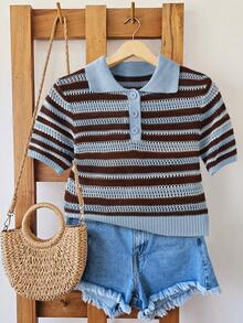 SHEIN LUNE Women's Brown Striped Color Block Casual Retro Preppy Versatile Daily School Daytime Back-To-School Knit Short Sleeve Top Summer - Multicolor - View 1