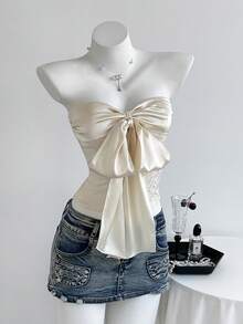 TRNVIE Spring/Summer Vacation Style Strapless Color-Block Jacquard Patchwork Tie-Up Multi-Way Wear Fitted Women's Top - Apricot - View 5