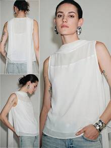 Lumivelle Women's Spring Summer Loose Sleeveless White Chiffon Sheer Blouse, Ribbon Design, Commute Fashion, Casual Minimalist Elegant Daily, Work Brunch Office - White - View 2
