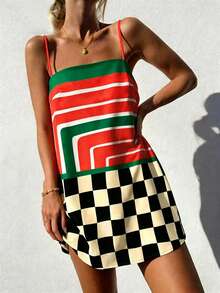 Vaclyn Women's Red And Black Checkerboard Pattern Casual 2016 European Camisole Dress Summer Beach Vacation - Multicolor - View 1