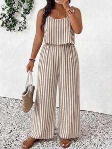 Jumpsuit Kasual Longgar Bergaris dengan Tali Pengikat untuk Wanita Ukuran Plus, Celana Panjang, Cocok untuk Pemakaian Sehari-hari dan Liburan - Coklat - View 4