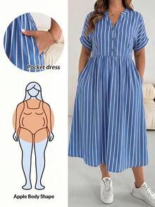 SHEIN Essnce 大尺碼夏季休閒條紋洋裝 - 淺藍色 - 查看 1
