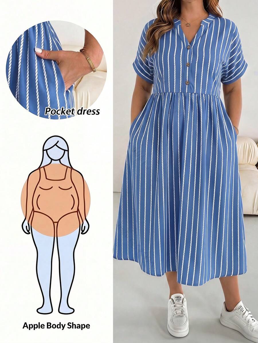 SHEIN Essnce 大尺碼夏季休閒條紋洋裝 - 淺藍色 - 查看 1