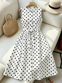 SHEIN Franclia Women's Elegant Vacation & Commute White Base Black Wave Midi Dress - White - View 1