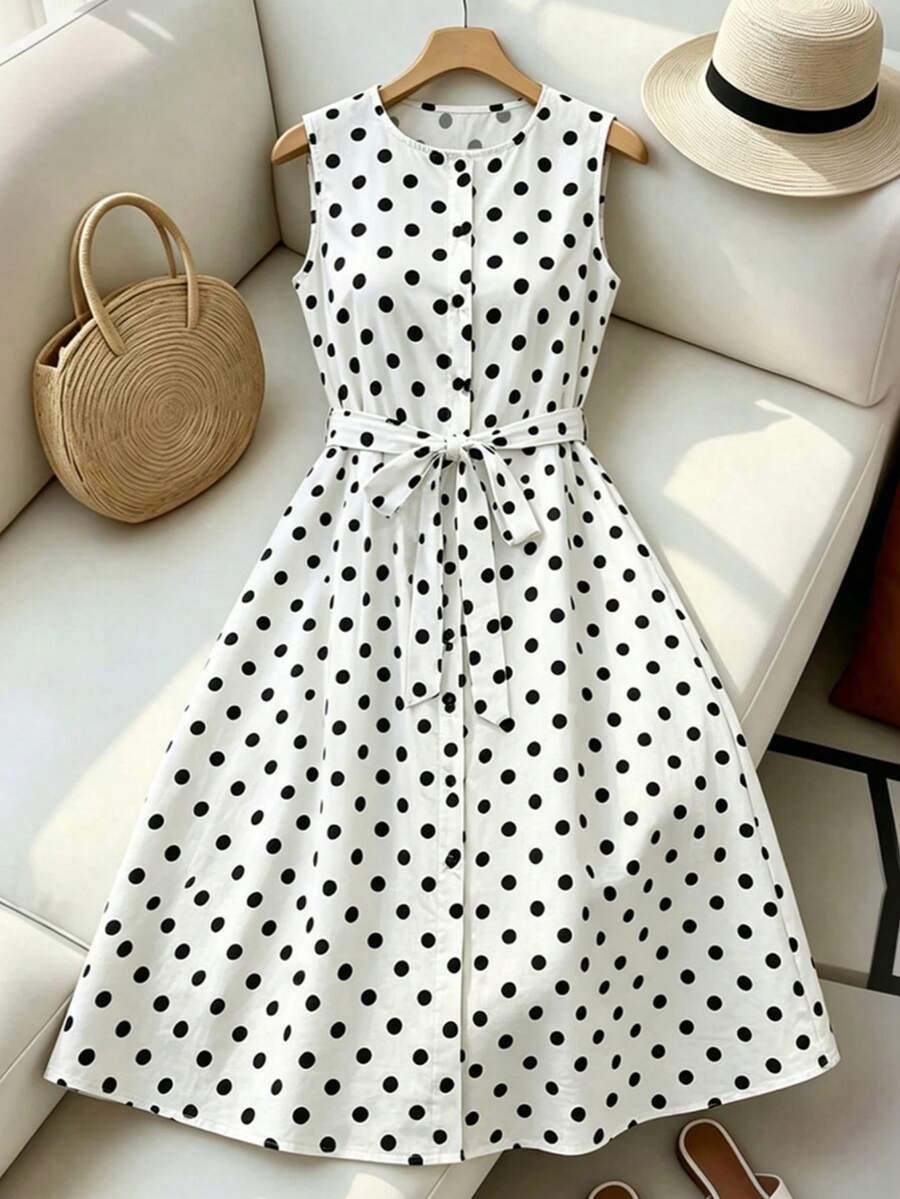 SHEIN Franclia Women's Elegant Vacation & Commute White Base Black Wave Midi Dress - White - View 1
